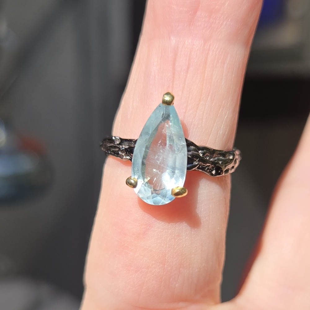 Aquamarine Pearcut Natural 6k Gemstone Syerling Rhodium & Gold Ring Sz7.5 - Picture 3 of 7